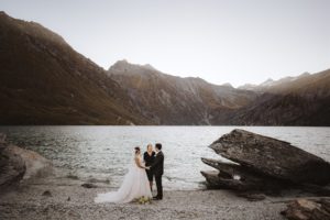 Wedding ceremony at Lochnagar Queenstown New Zealand wit bride groom and celebrant