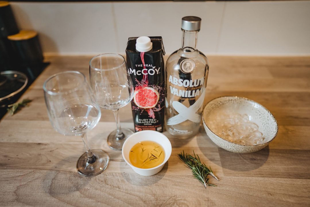Ingredients for vodka grapefruit and rosemary cocktail
