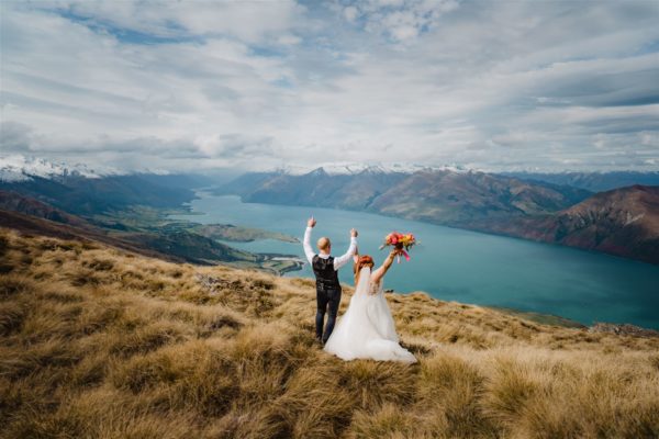 Bride and groom celebrate wedding day at Twin Peaks in Wanaka New Zealand